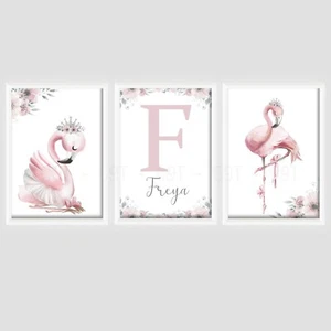 Girls Flamingo Personalised PRINTS ONLY A4 Nursery Room Pink Flowers Ballerina - Picture 1 of 2