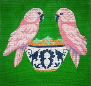 Needlepoint Handpainted Alice Peterson Pink Parakeet Pair 10x10 - Picture 1 of 4