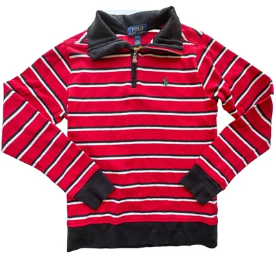 Polo by Ralph Lauren 男孩毛衣中号 10-12 红色黑色条纹 1/4 拉链套衫 — 第 1/4 张图片