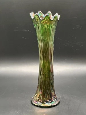 Fenton Green Carnival Glass Vase April Showers Scallop Peacock Tail Swung 10.25" - Image 1 of 4