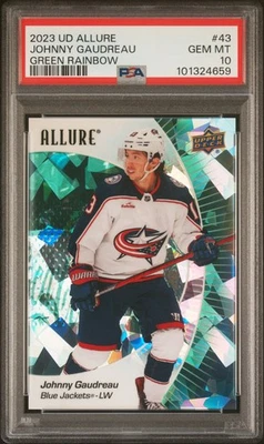 2023 Upper Deck Allure #43 Johnny Gaudreau Green Rainbow PSA 10 - Image 1 of 2