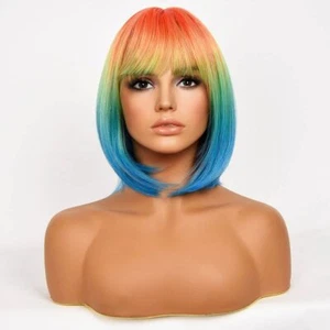 Fashion Colorful Bob Wigs with Bangs Short Straight Synthetic Wigs Party Wigs - Picture 1 of 6