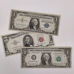 1963 five dollar red seal star note 1957 silver seal one dollar bill 1977 $1 - Picture 1 of 9
