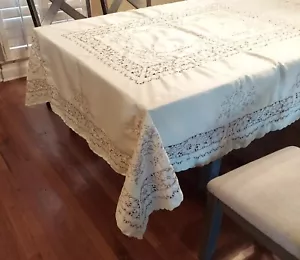 Vtg Cream Floral Table Cloth Lavender Embroidery Cutwork Scallop Edge 82"x68" - Picture 1 of 15