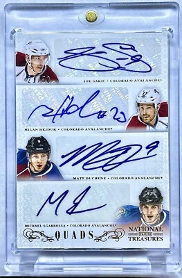 2013-14 National Treasures Joe Sakic Quad Auto/50 Avalanche Hejduk Duchene LEER Foto 1 de 2