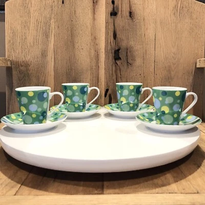 Create By Just Espresso Cups Mugs Saucers Cafe Green Dots Pattern Set Of 4 New - Image 1 of 4