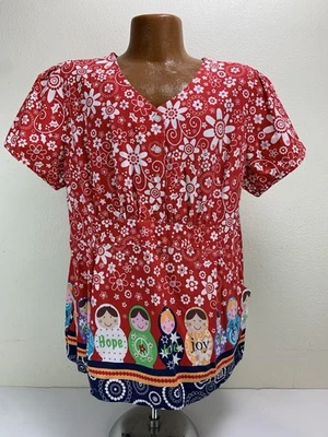 Blusa Médica Landau Mujer Christmas Joy To The World Roja Talla XL Foto 1 de 4