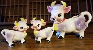 Vtg cow creamer and baby calf salt pepper set Anthropomorphic porcelain purple - Picture 1 of 12
