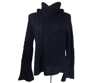 Suéter pequeño para mujer Garnet Hill negro tejido con cable lana mohair cuello alto Foto 1 de 3