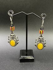 Yellow Stone Beetle Bug With Glass Wood Beads Silver Plated Leverback Earrings