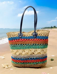 Crochet Palm Tote Bag Caribbean Palette Ladies Summer Color-block Raffia Handbag - Picture 1 of 13