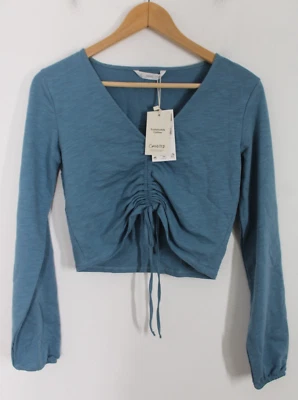 NWT MNG Mango S Blue Ruched Tie Front Long Sleeve Cropped Top - Image 1 of 4