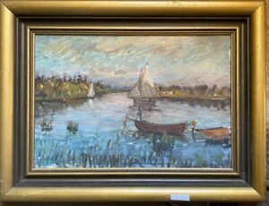 Oil Painting Sailing Boats Shore Schilff Summer Day Signed Antique Lake Rowing