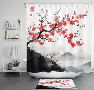 Asian Red Plum Flower Tree and Mountain Shower Curtain Bathroom Accessories Set - Picture 1 of 23