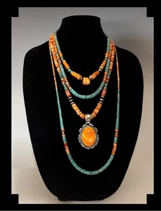 White Fox Creation: Extra Long Turquoise and Spiny Oyster Necklace Set - Picture 1 of 11