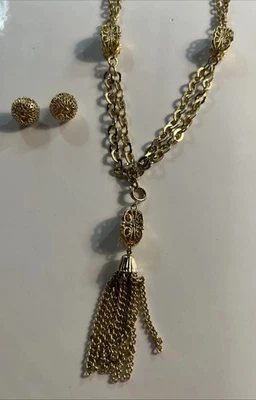 Vintage Emmons 2-in-1 Tassel Necklace & Monet Earrings Set Gold Tone Filigree - Image 1 of 4