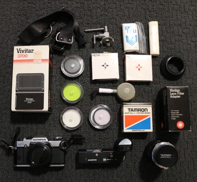 OLYMPUS OM-G Camera Tamron Lens Winder 2 Vivitar Accessories Flash - Image 1 of 4