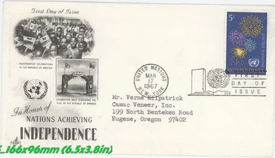 1967 UN Independence FDC – 5¢ Issue – ArtCraft Cachet – Rwanda Theme – New York - Image 1 of 2
