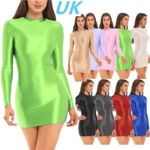 AU Womens Sexy Glossy Bodycon Dress Long Sleeve Turtleneck Stretchy Pencil Dress - Picture 1 of 96