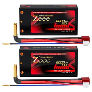 2xZeee 2S Shorty Lipo Battery 6000mAh 7.6V 120C 4mm Bullet to T Plug for RC Car - Picture 1 of 6