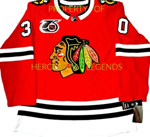 PRO-50-52-54 * EDDIE BELFOUR BLACKHAWKS NHL 75th ANNIVERSARY PATCH ADIDAS JERSEY - Picture 1 of 12