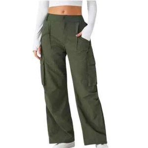NWT HALARA Women's Sz M Cargo Pants High Waist Wide Leg Nylon Green Olive Army - Picture 1 of 19