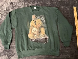 #2 VINTAGE 90'S JERZEES SWEATSHIRT HUNTER GREEN NATIVE AMERICAN WOLF SZ L LARGE - Picture 1 of 7
