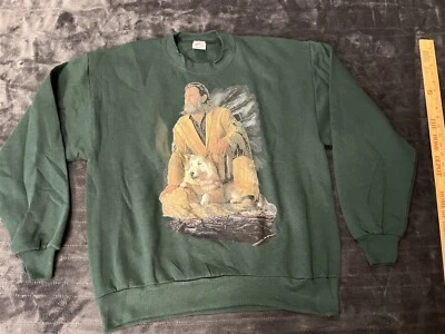 #2 SUDADERA VINTAGE AÑOS 90 JERZEES CAZADOR VERDE LOBO NATIVO AMERICANO TALLA L GRANDE Foto 1 de 4