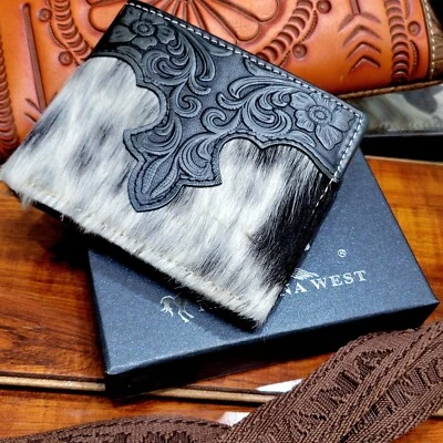Montana West mens wallet  Genuine Leather  & cow hair Handtooled Black And Beige - Image 1 of 4