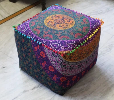 Square Ottoman Pouf Cover Multicoloured Handmade Footstool Covers All Size - Image 1 of 4