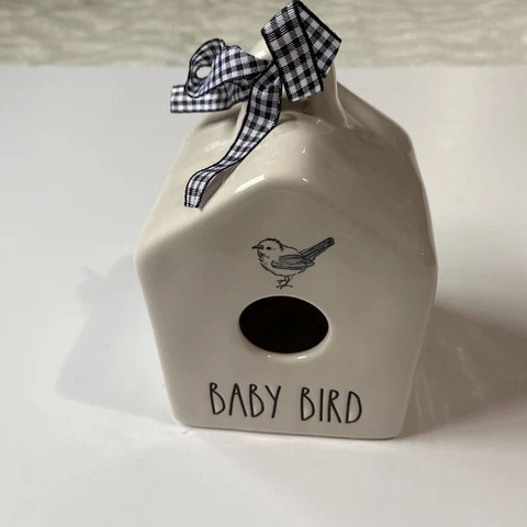 Rae Dunn By Magenta "BABY BIRD" Bird House White Ceramic With Bow & Bird Icon Cover