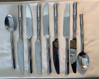 Cubiertos de acero inoxidable Hampton Silversmiths patrón de bambú 2 cucharas 7 cuchillos 9 piezas Foto 1 de 2