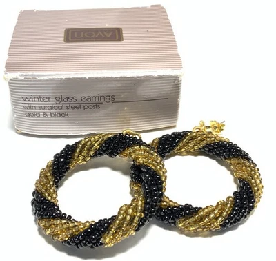 Avon Winter Glass Earrings w/ Surgical Steel Posts Gold & Black New in Box KJ103 - Image 1 of 4