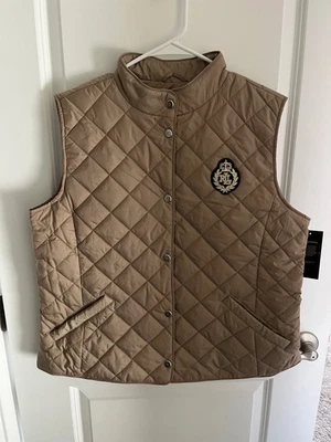 Colete feminino LAUREN RALPH LAUREN estilo clássico acolchoado bege bronzeado grande novo com etiquetas $150 - Imagem 1 de 4