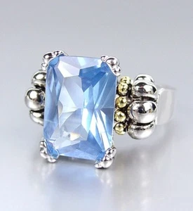 CLASSIC Silver Emerald-cut Blue Topaz CZ Crystal Glacier Caviar Texture Ring - Picture 1 of 3