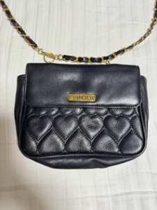 MOSCHINO Heart Quilted Women's Shoulder Bag Black Gold Chain From Japan Used - Picture 1 of 4
