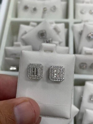 1.50Ct Baguette Cut Moissanite Two Row Box Stud Earring In Solid 14K White Gold - Image 1 of 3