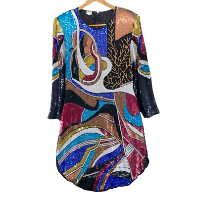 Sequined Beaded Vintage Dress Large Black Multi 100% Silk Graphic Shift Tunic - Image 1 of 4