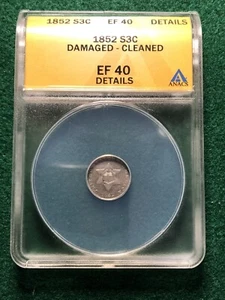1852 3CS Three Cent Silver EF40 Cleaned/damaged - Picture 1 of 3