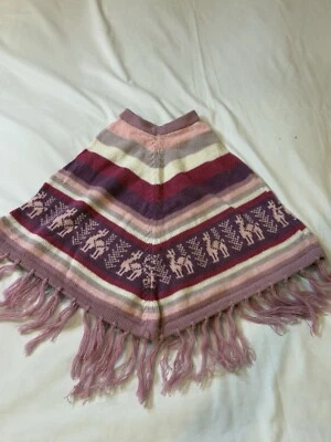 Poncho Infantil Andina Perú Bebé Alpaca Vintage Tejido Morado/Rosa/Blanco Flecos Foto 1 de 4