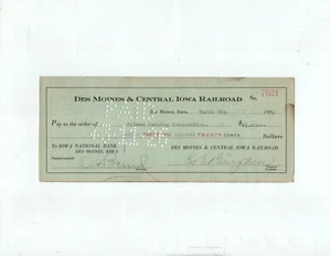Des Moines & Central Iowa Railroad 1926 check signed by treasurer Enoch Bieghler - Picture 1 of 3
