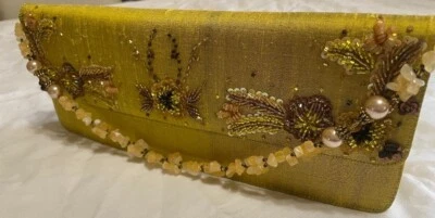 Indonesian Hand-Beaded, Raw Silk, Clutch with Stone Chain, Gold - Image 1 of 4