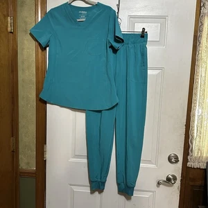 Sanibel Sustain Scrubs Women's Small Set Top & Pants Turquoise Uniform EUC - Picture 1 of 9