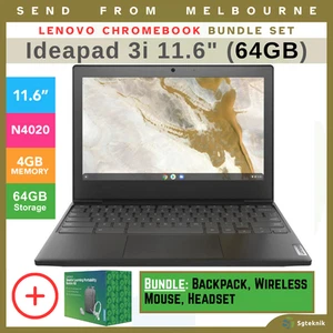 BUNDLE SET Lenovo Ideapad 3i 11.6" Chromebook 64GB Laptop Backpack Mouse Headset - Picture 1 of 17