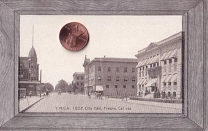 CALIFORNIA FRESNO Y.M.C.A. I.O.O.F. CITY HALL  HORSE AND WAGONS CA 1910 POSTCARD - Picture 1 of 2