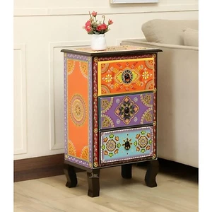 Rajasthani Solid Wooden Side Table 3 Drawer Entryway Handpainted Bedside Table - Picture 1 of 5