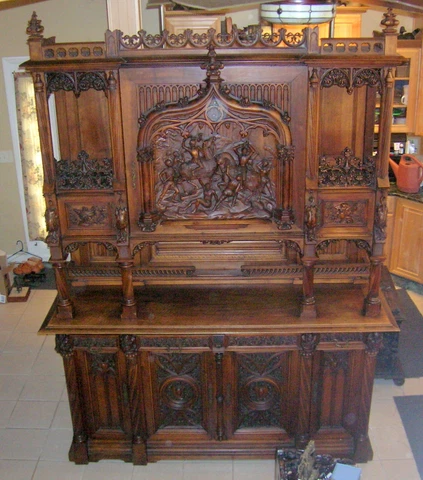 C.1850 GOTHIC STULE HUGE CARVED WALNUT CABINET W/MEDIEVAL BATTLE SCENE - B.OFFER Cover