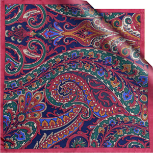 Burgundy and Blue Hand-printed hand-rolled silk pocket square 35cm
