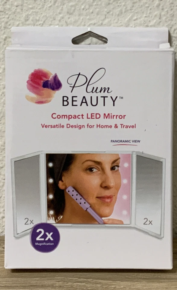 Plum Beauty Compact LED Mirror 2x Magnification Home or Travel BB 3847