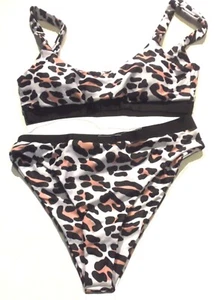 White, Black & Coral Pink Cheetah Cat Animal Print Bandeau Bikini Swimsuits S-L - Picture 1 of 5